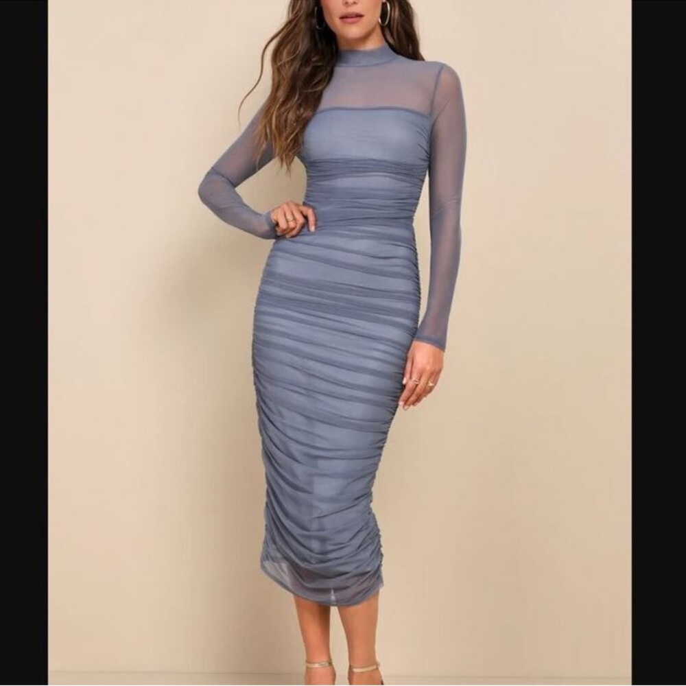 NWOT Slate Blue Mesh Ruched Mock Neck Midi Dress size XL